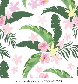 Beautiful seamless vector pattern with jungle flwers and leves. Exotic illustration for print design. Hand drawn style.