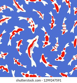 Beautiful seamless vector pattern with koi fish on blue background. Great for packaging, fabrics, prints and postcards, greeting cards, home decor, wallpaper, wrapping paper, apparel design and more.