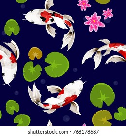 Beautiful seamless vector pattern with koi fishes and water lilies 