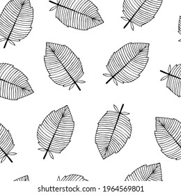 Beautiful seamless vector pattern with leaves. Abstract print with leaves on a white background. Stylish botanical ornament for textiles and packaging. Hand-drawn black doodle. 