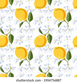 Beautiful seamless vector pattern with lemons, flowers and leaves. Abstract texture. Perfect for wallpapers, web page backgrounds, surface textures, textile design, cover, farmers market, notebooks