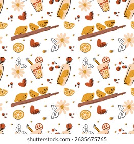 Beautiful seamless vector pattern with lemons and lemonade. Abstract texture. Ideal for wallpapers, web page backgrounds, surface textures, textile design.