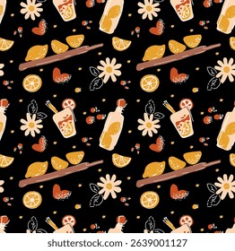 Beautiful seamless vector pattern with lemons and lemonade on a black background. Abstract texture. Ideal for wallpapers, web page backgrounds, surface textures, textile design.