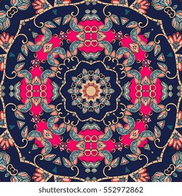 Beautiful seamless vector pattern with mandala and leaves. Ethnic print for fabric. Ceramic tile. Packaging design.