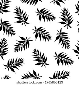 Beautiful seamless vector pattern with plant leaves. Abstract print with branches and leaves on a white background. Hand-drawn silhouette of leaves, black doodle. Flat style, monochrome