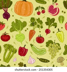 Beautiful seamless vector pattern with premium quality illustrations of fruits and vegetables