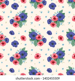 Beautiful seamless vector pattern with simple flowers. Background with decorative floral ornaments for textiles, wrappers, fabrics, clothing, covers, paper, printing, scrapbooking, decoupage and other