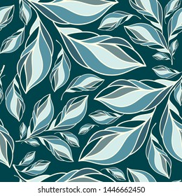 Beautiful seamless vector pattern with tropical leaves in blue colors. Template for trendy textile print, texture for packaging and wrapping paper. Trendy ornament.
