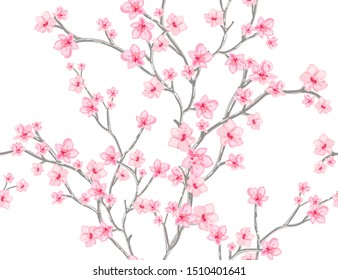 Beautiful seamless vector pattern with tropical japanese flowers, tree, spring wallpaper, branches. Perfect for wallpapers, web page backgrounds, surface textures, textile.
