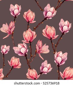 Beautiful seamless vector pattern with tropical japanese flowers, tree, spring wallpaper, branches. Floral Texture. Summer and Spring Floral Background. 