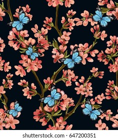 Beautiful seamless vector pattern with tropical japanese flowers, tree, spring wallpaper, branches, butterflies. Perfect for wallpapers, web page backgrounds, surface textures, textile.