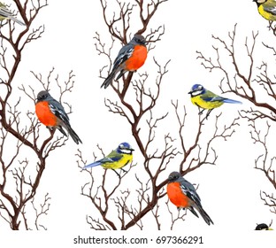 Beautiful seamless vector pattern with tropical japanese birds, tree, winter spring wallpaper, branches,  isolated on white background