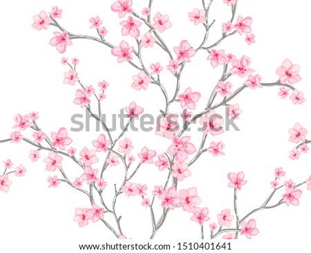 Beautiful seamless vector pattern with tropical japanese flowers, tree, spring wallpaper, branches. Perfect for wallpapers, web page backgrounds, surface textures, textile.
