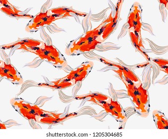 Beautiful seamless vector spring summer pattern background with  koi fish. Perfect for wallpapers, web page backgrounds, surface textures, textile. Japanese vintage style