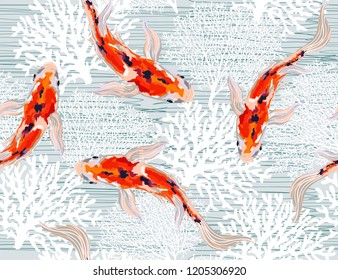 Beautiful seamless vector spring summer pattern background with  koi fish, corals. Perfect for wallpapers, web page backgrounds, surface textures, textile.