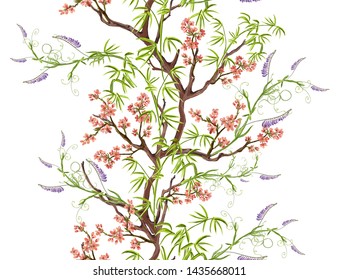 Beautiful seamless vector spring summer pattern of spring flowering  pink sakura  and blue flowers. Seamless vertical pattern