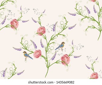 Beautiful seamless vector spring summer pattern of spring flowering  pink roses  and blue flowers. Seamless vintage pattern background