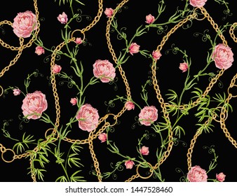 Beautiful seamless vector spring summer pattern with chains, spring flowering pink japan roses, bamboo branches,  magnolia flowers