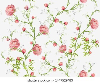 Beautiful seamless vector spring summer pattern of spring flowering pink japan roses, magnolia flowers. Seamless vertical pattern