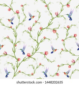 Beautiful seamless vector spring summer pattern of spring flowering pink japan roses hummingbirds. Seamless vertical pattern