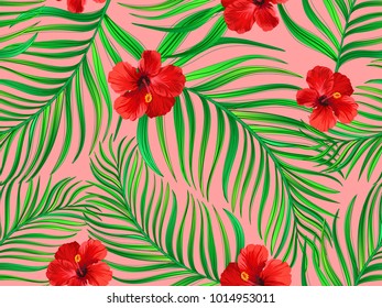 Beautiful seamless vector summer pattern background with tropical palm leaves and hibiscus. Template for wallpapers, web page backgrounds, surface textures, textile