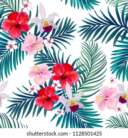 	
Beautiful seamless vector summer pattern background with tropical palm leaves and hibiscus. Template for wallpapers, web page backgrounds, surface textures, textile