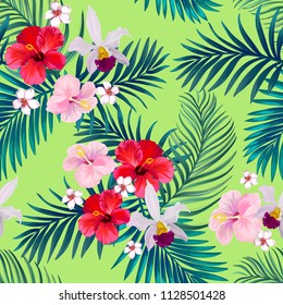 	
Beautiful seamless vector summer pattern background with tropical palm leaves and hibiscus. Template for wallpapers, web page backgrounds, surface textures, textile