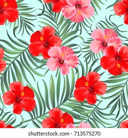 Beautiful seamless vector  summer pattern background with tropical palm leaves and hibiscus. Template for wallpapers, web page backgrounds, surface textures, textile.