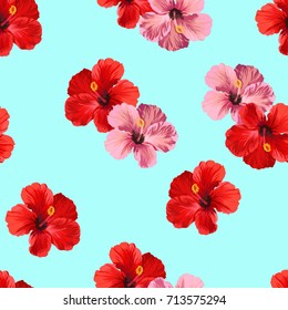 Beautiful seamless vector  summer pattern background with tropical  hibiscus. Template for wallpapers, web page backgrounds, surface textures, textile.