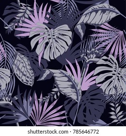 Beautiful seamless vector triopical summer pattern background with  palm leaves. Perfect for wallpapers, web page backgrounds, surface textures, textile on purple