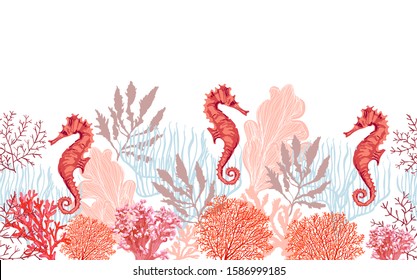 Beautiful seamless vector tropical border background with corals, sea horse. Abstract nautical texture. Perfect for wallpapers, web page backgrounds, surface textures, textile. 
