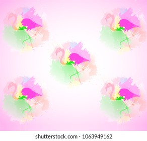 Beautiful seamless vector tropical pattern with pink flamingos on light grey geometric background. Abstract summer texture