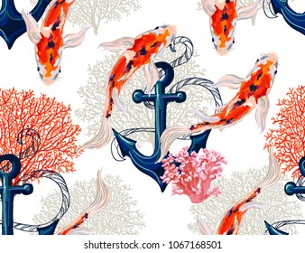 Beautiful seamless vector tropical pattern with koi fish, anchor, corals. Abstract geometric texture, stripes. Perfect for wallpapers, web page backgrounds, surface textures, textile.