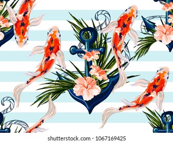 Beautiful seamless vector tropical pattern with koi fish, anchor, hibiscus, palm leaves. Abstract geometric texture, stripes. Perfect for wallpapers, web page backgrounds, surface textures, textile.