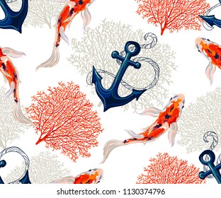 Beautiful seamless vector tropical pattern with koi fish, anchor, corals. Abstract geometric texture, stripes. Perfect for wallpapers, web page backgrounds, surface textures, textile.