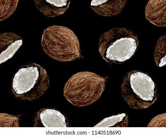 Beautiful seamless vector tropical pattern background with coconut fruits. Perfect for wallpapers, web page backgrounds, surface textures, textile. Isolated on black blackground.