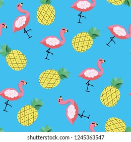 Beautiful seamless vector tropical pattern with pineapple and flamingo.