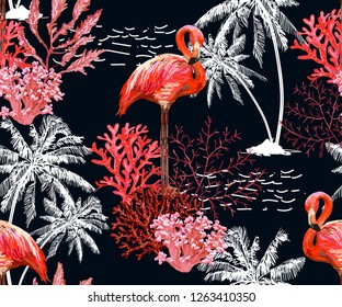 Beautiful seamless vector tropical pattern with corals, flamingo, coconut palms silhouette. Perfect for wallpapers, web page backgrounds, surface textures, textile.