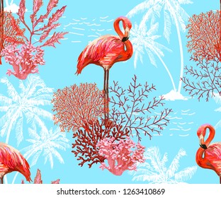 Hermoso patrón tropical vectorial sin fisuras con corales, flamingo, silueta de cocoteros. Perfecto para fondos de escritorio, fondos de página web, texturas superficiales, textiles.