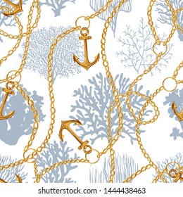 Beautiful seamless vector tropical pattern with corals, baroque chains, anchors. Perfect for wallpapers, web page backgrounds, surface textures, textile. Living coral seamless pattern