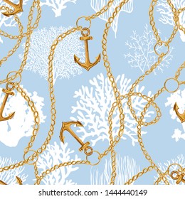 Beautiful seamless vector tropical pattern with corals, baroque chains, anchors. Perfect for wallpapers, web page backgrounds, surface textures, textile. Living coral seamless pattern