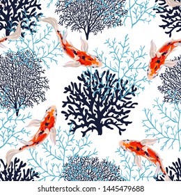 Beautiful seamless vector tropical pattern with koi fish,  corals. Perfect for wallpapers, web page backgrounds, surface textures, textile. 