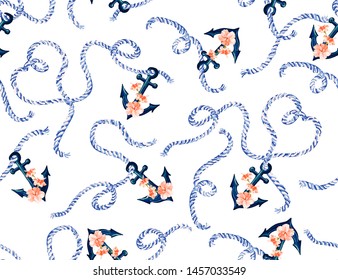 Beautiful seamless vector tropical pattern with anchors, ropes, hibiscus flowers. Abstract geometric texture. Perfect for wallpapers, web page backgrounds, surface textures, textile.