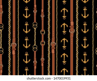 Beautiful seamless vector tropical pattern with anchors, chains, belts. Abstract geometric texture, stripes. Perfect for wallpapers, web page backgrounds, surface textures, textile.