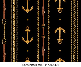 Beautiful seamless vector tropical pattern with anchors, chains, belts. Abstract geometric texture, stripes. Perfect for wallpapers, web page backgrounds, surface textures, textile.