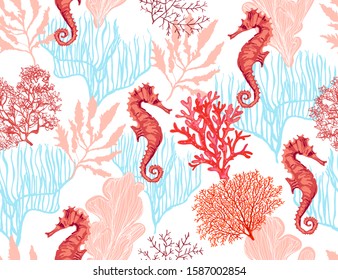 Beautiful seamless vector tropical pattern with corals, sea horse. Abstract geometric texture. Perfect for wallpapers, web page backgrounds, surface textures, textile. 
