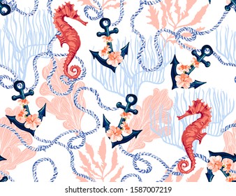 Beautiful seamless vector tropical pattern with corals, sea horse, anchor, hibiscus, ropes. Abstract geometric texture. Perfect for wallpapers, web page backgrounds, surface textures, textile. 
