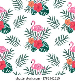 Beautiful seamless vector tropical pattern with Hibiscus flower, flamingo bird, palm leaves and monstera leaves on white background. Abstract tropical summer texture