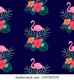 Beautiful seamless vector tropical pattern with Hibiscus flower, flamingo bird, palm leaves and monstera leaves on white background. Tropical summer texture. Elegant template for fashion prints.
