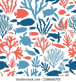 Beautiful seamless vector tropical pattern with corals, seaweed and fish. Perfect for wallpapers, web page backgrounds, surface textures, textile. Living coral seamless pattern.